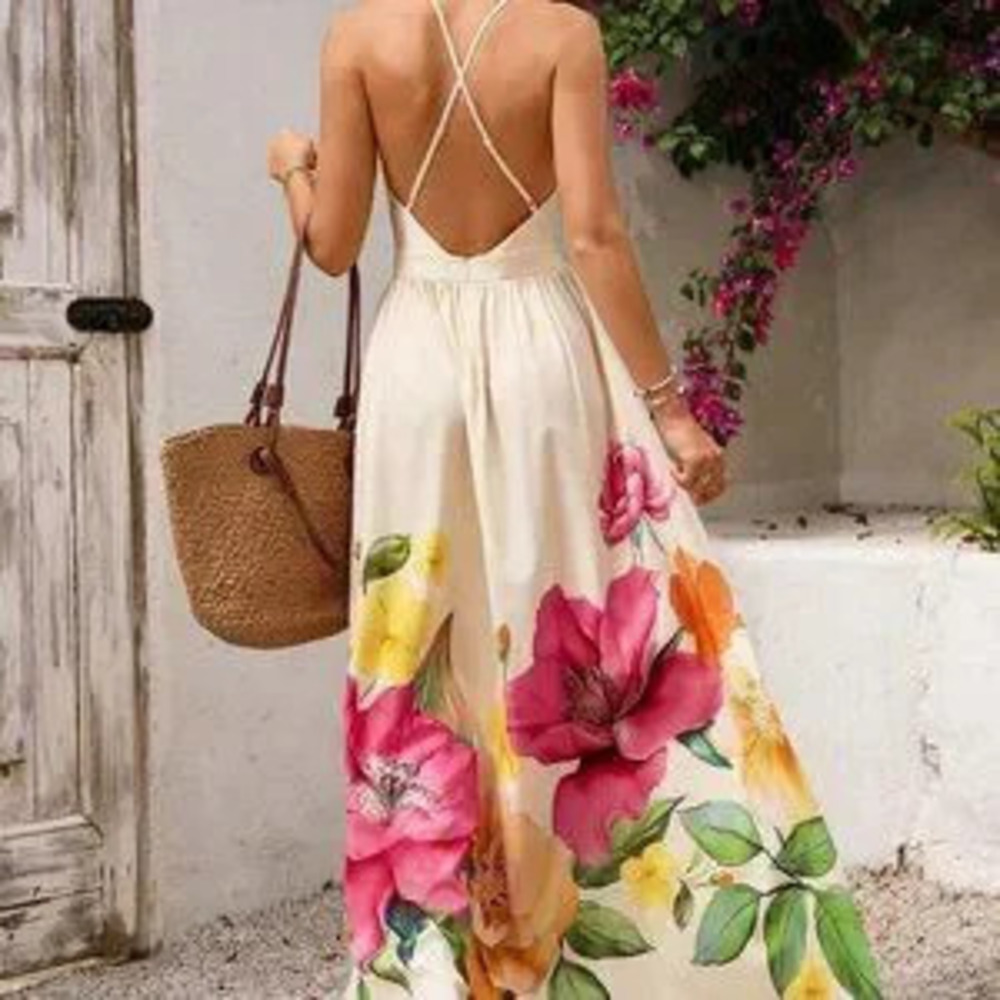 Multicolor Boho Vacay Women's Floral Print Deep V Neck Backless Maxi Dress - Picture 4 of 7
